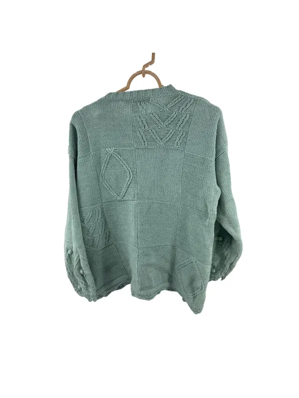 Melbourne Elements Pom Pom crochet Knit Patchwork Sweater sage L cottage - Image 2