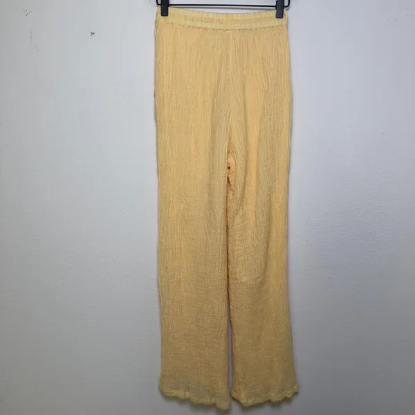 Monday‎ Women 100% Linen Pants P Yellow Wide Leg Gauze Summer Resort Vacation - Image 4