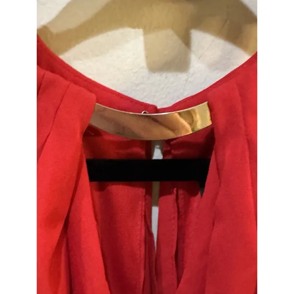 NEW XSCAPE Red RUFFLE‎ CHIFFON Gold Metal NECKLINE Halter EVENING Dress GOWN 4 - Image 6