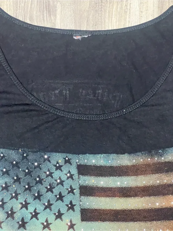 Harley Davidson Galaxy American Flag Studded T-Shirt Pikes Peak CO Women L - Image 3