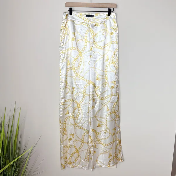 PrettyLittleThing Cream Chain Satin High Waist Wide-Leg Pants Size‎ 8 Night Out - Image 3