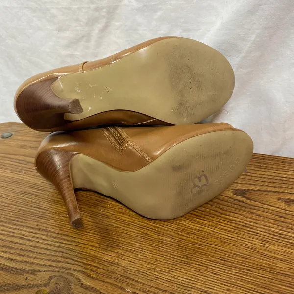 Guess Booties Peep Toe Stiletto Heel Ankle Boots‎ Tan Brown Bow Detail 6.5M - Image 5