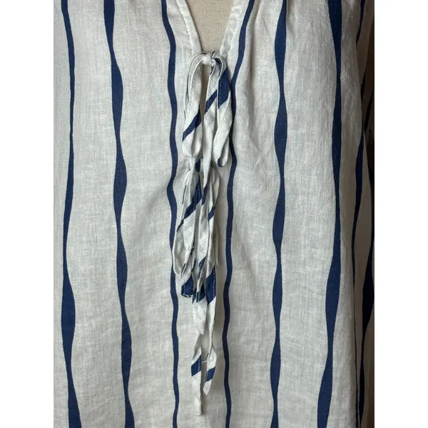 Rails Brielle Shirt Women Small White Blue‎ Wavy Stripe Linen Blend Tie Neck Top - Image 9
