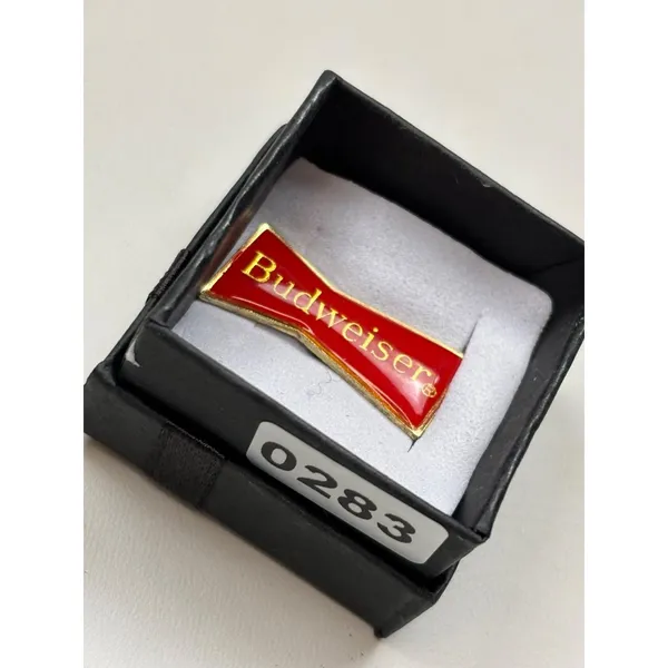 Budweiser Red & Gold Enamel Lapel Pin With Bowtie Logo Design In Black Gift Box - Image 4
