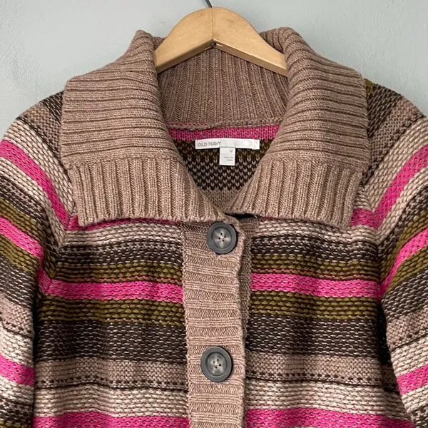 Old Navy Y2K Sweater Size Medium Striped Short Sleeve Lambswool Button Cardigan - Image 3