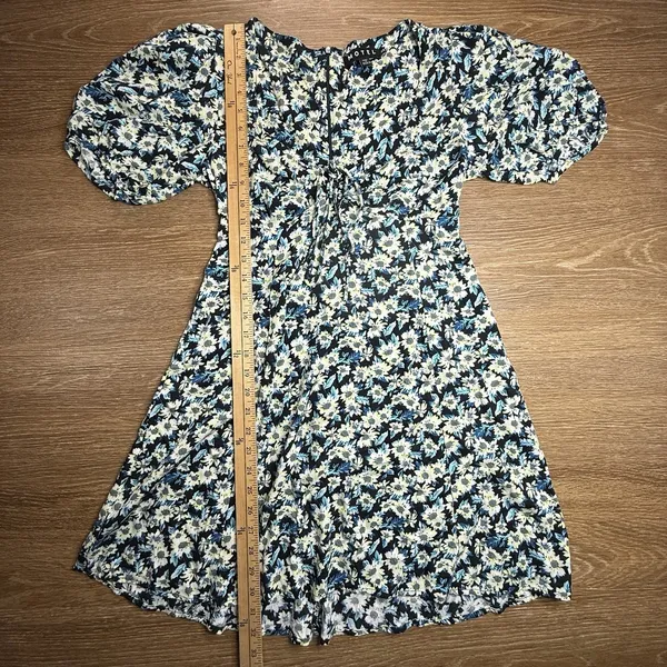Motel Floral Mini Dress Womens XS Blue Black Puff Sleeve Ruched Cottagecore EUC - Image 6