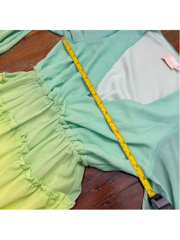 Champagne & Strawberry Rainbow Colorblock Tiered High Low Dress XS Chiffon Ombré - Image 9