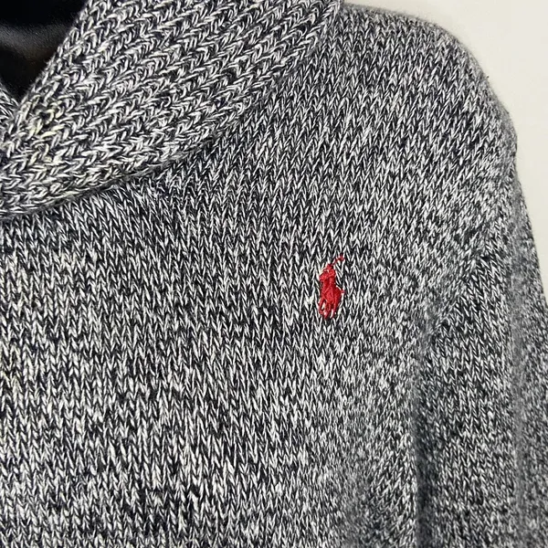Polo Ralph Lauren Grey White Cable Knit Shawl Collar Sweater Sz Small - Image 2