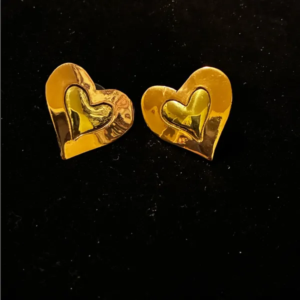 Brass and Gold Tone Double Heart Shaped Pierced Earrings - Image 2