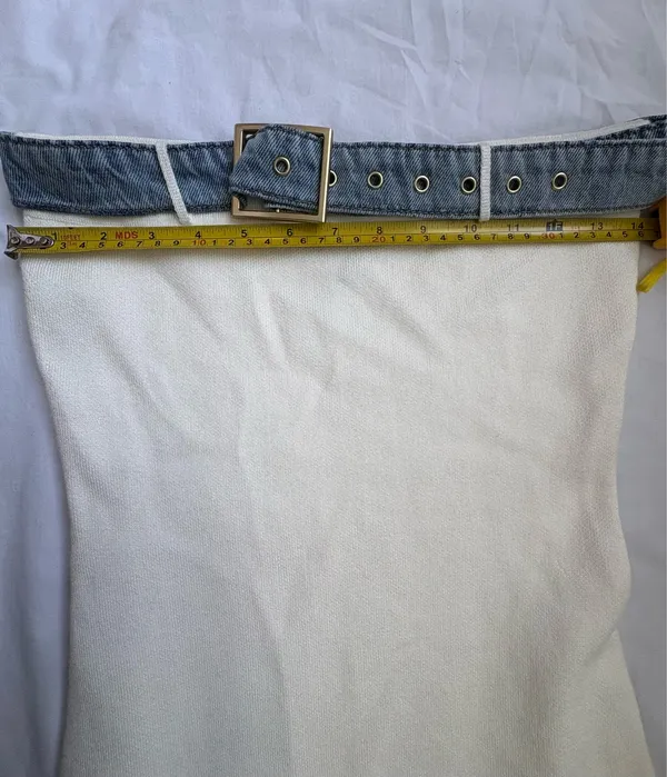 LU♥NYC White Strapless Bodycon Midi Dress L Denim Belt Y2K - Image 7