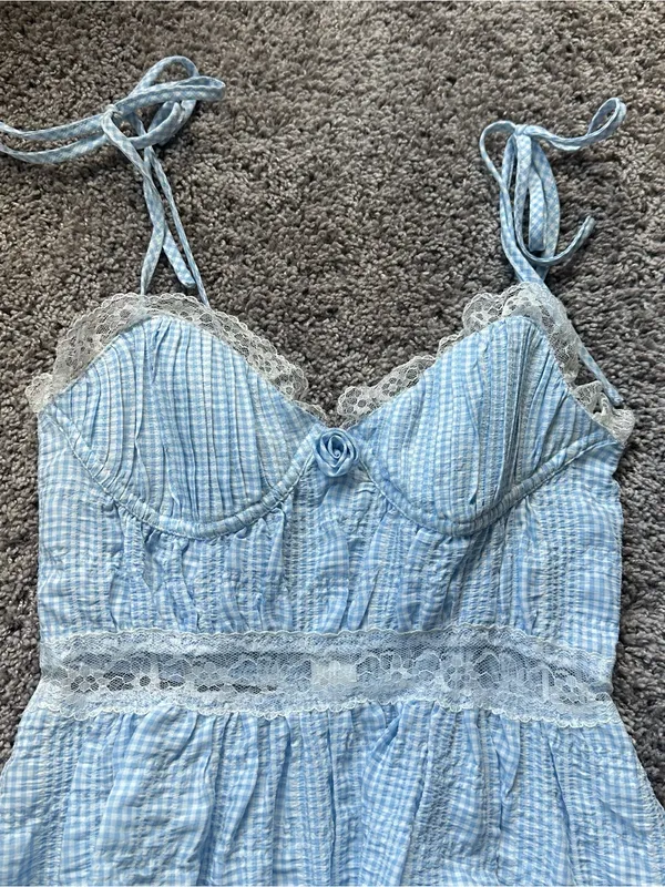 Light Blue Gingham Mini Dress with Lace Trim - Image 5
