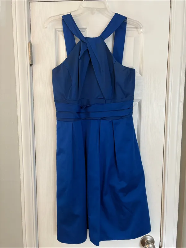 David's Bridal Royal Blue Satin Halter Criss Cross Dress Size 8 Bridesmaid - Image 2