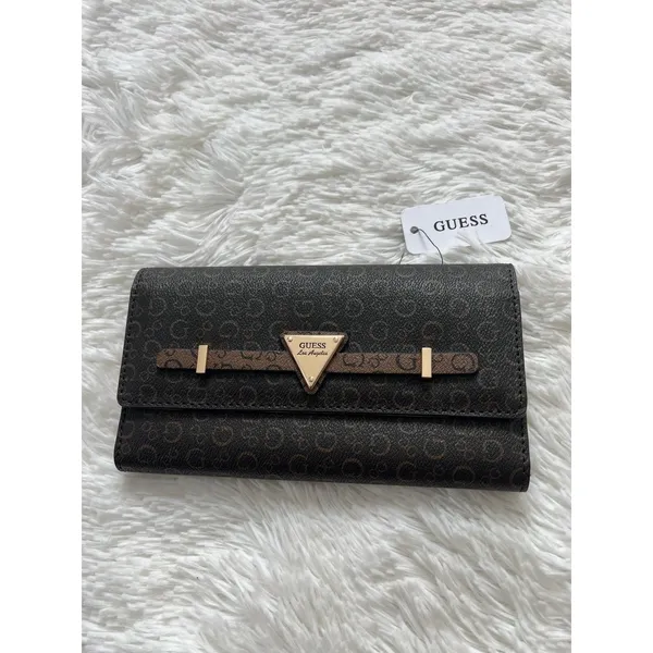 NWT GUESS Brown G Logo Print Trifold Wallet Snap Organizer Triangle Plaque - Image 3
