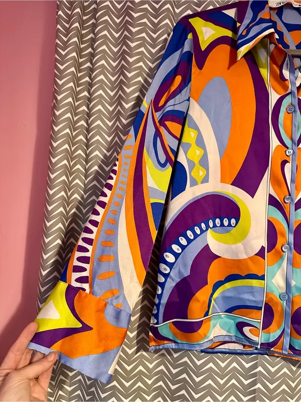 ZARA | Multicolored Printed Satin Blouse, Pucci Style, Size S - Image 3