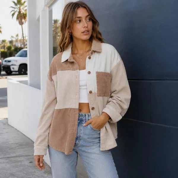 Forever 21 Cream & Tan Colorblock Corduroy Shacket Overshirt M - Image 4