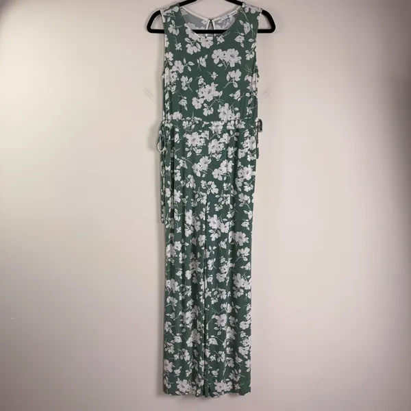 Baltic Born Margaux Wide‎ Leg Cinched Waist Dusty Green Floral Jumpsuit Small - Image 2