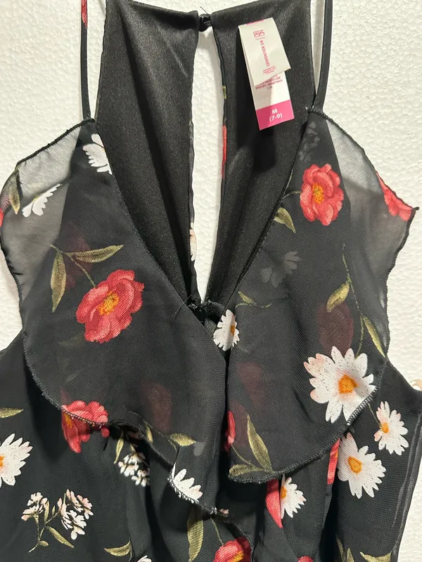 BISOU BISOU M Black Red Floral Sleeveless Maxi Dress V-Neck Ruffle Straps - Image 6