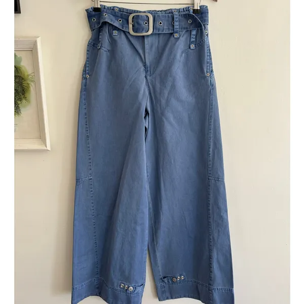 FREE PEOPLE Sloane Belted Blue Wide Leg Pants Size Small - Image 2