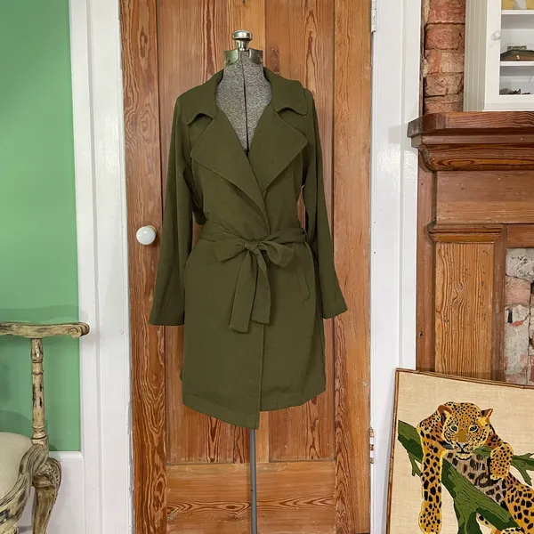 SOPHIE RUE Classic Lightweight Belted Lightweight Olive Green Trench Coat~XL - Image 3