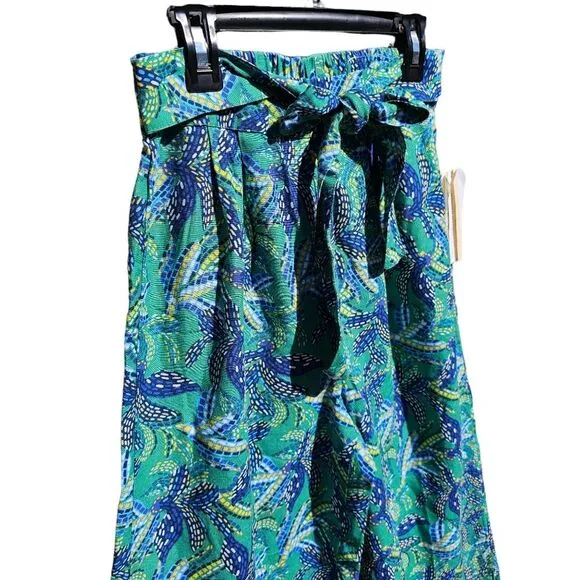 Midnight Sky -175‎ Blue Green Floral Linen Blend Tie Waist Wide Leg Pants Size S - Image 4
