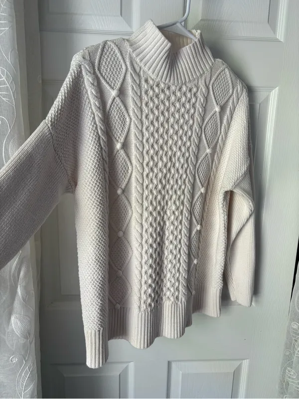 J. Crew Cotton Cable Knit Mock Neck Pullover Cozy Preppy Turtleneck Sweater sz M - Image 3