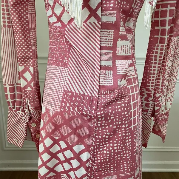 Vintage 70s Mauve Pink White Retro Print Shift Dress Scarf XS S - Image 7