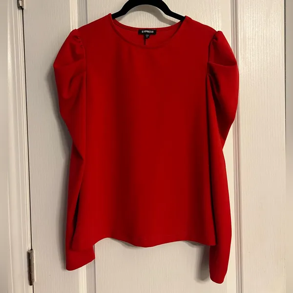 EXPRESS Crew Neck Puff Long Sleeve Tee SMALL Lipstick Red Blouse Top - Image 10