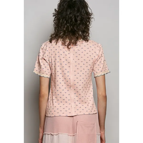 POL Floral V-Neck Short Sleeve Rib T-Shirt - Soft Pink - Medium - Image 4