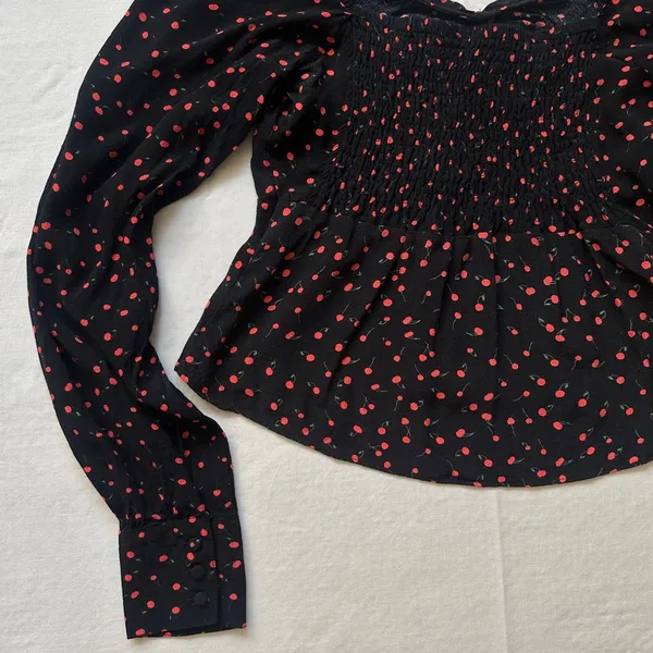 Julia Sweetheart Cherry Print Long Sleeve Top Blouse - Image 11