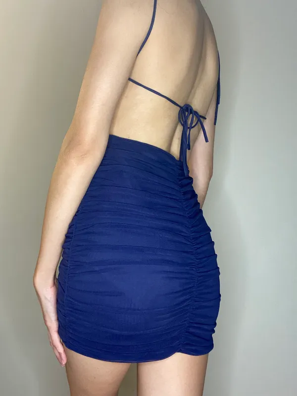 Lucy in the Sky navy open back scrunch mini bodycon dress S - Image 6