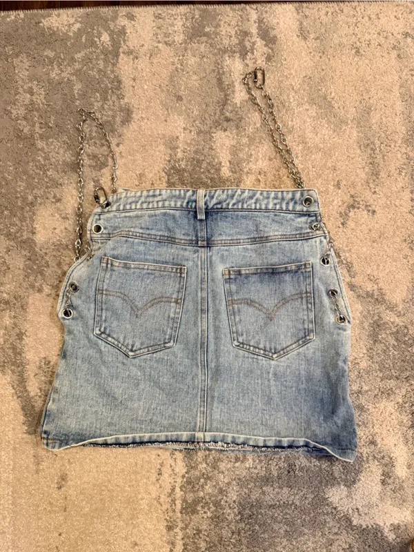 Shop Michella Light Blue Denim Mini Skirt with Chain Detail - Image 6
