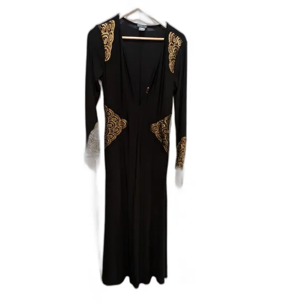 Venus Dress Black Long Sleeve Bodycon Size M With Gold Lace Cutouts - Image 2