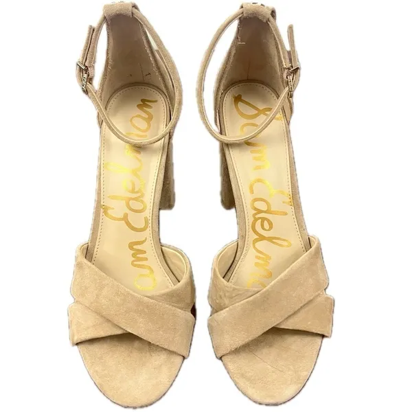 Sam Edelman Yancy Suede Block Heel Sandals Nude Beige Ankle Strap - Size 10 - Image 3
