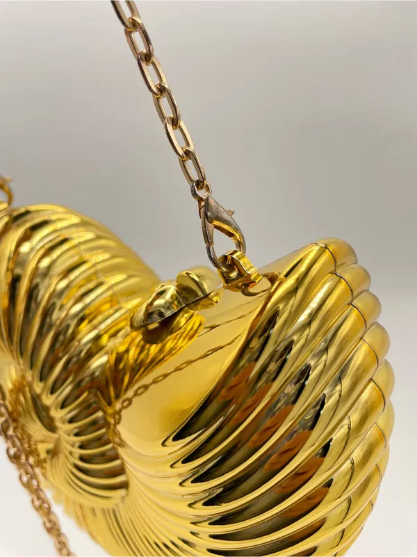 Gold Nautilus Shell Clutch Crossbody Purse Metallic Hard Case Evening Bag - Image 7