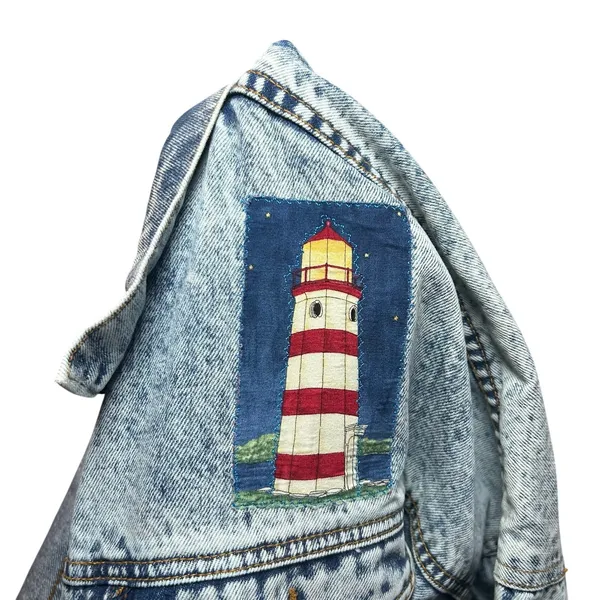VTG 90s Ocean Denim Acid Wash Lighthouse Jacket Scenic Art Oversized XL - Image 12