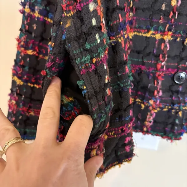VINTAGE 80s Silver Stream 100% COTTON Jacket Large Black‎ Colorful Tweed Fringe - Image 5