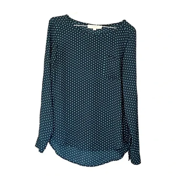 LOFT Blouse Women XS Navy Blue‎ Teal Polka Dot Roll Tab Sleeve Pocket Scoop Neck - Image 3