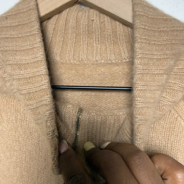 Nordstrom Women 100% Cashmere Zip Up Sweater XS Tan Ribbed Mock Neck Luxury - Image 6