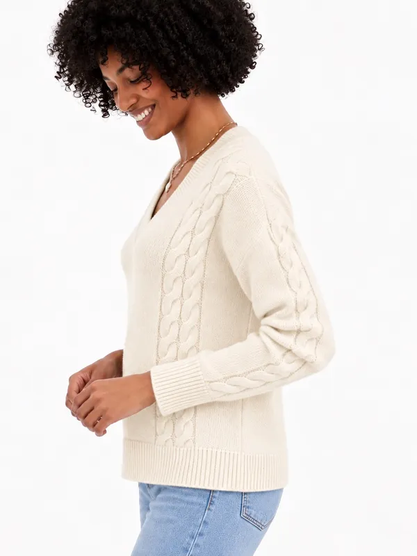 Charter Club Soft Cream 100% Cashmere Cable-Knit V-Neck Sweater Size Medium - Image 2