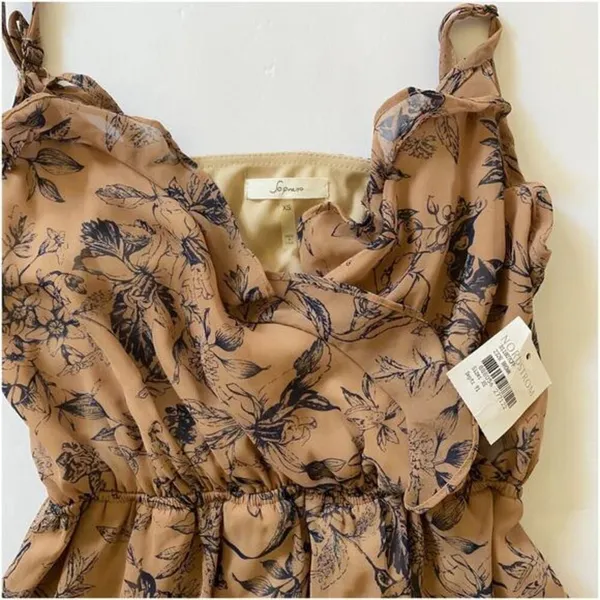 Nordstrom Soprano Brown Tan w/Navy Flowers Sheer Ruffled Flowy Dress XS NWT‎ - Image 5