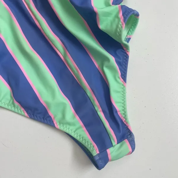 Fabletics Swimsuit Leotard Striped Tie Front Back Scoop Back Green Blue Pink - Image 5