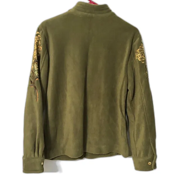 Bob Mackie Wearable Art Olive Embroidered Fleece Jacket Women's Medium Zip - Image 11