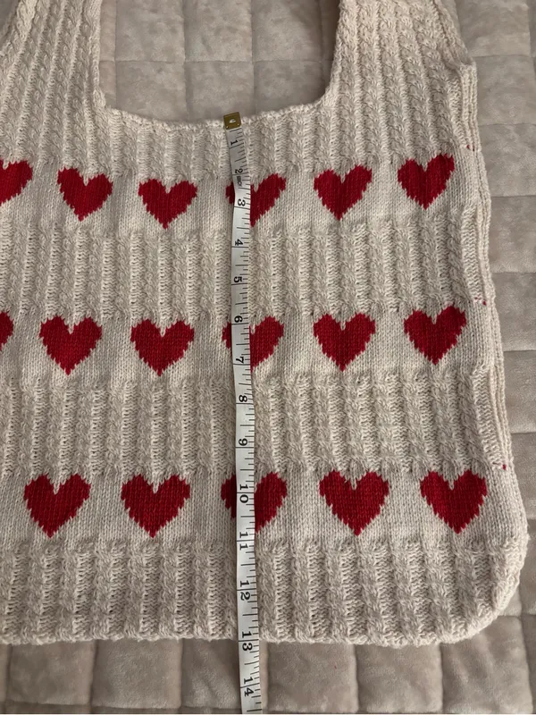 Women’s Cream Knit Heart Tote Bag with Red Hearts - Image 6