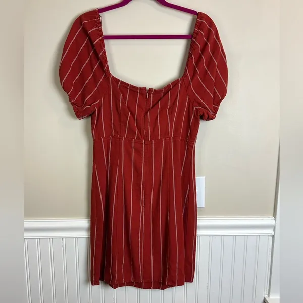 J.O.A. Rust Red Striped Linen Blend Tie Front Puff Sleeve Mini Dress Size M - Image 3