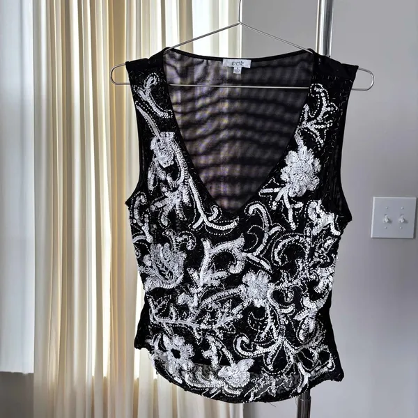 90s Vintage Cache Top Large Black White Beaded Sequin Floral Y2K Glam Whimsygoth - Image 2
