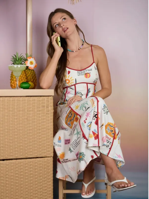 NWT Blu Pepper Last Vacation Midi Dress Cream Multi Print Medium - Image 4
