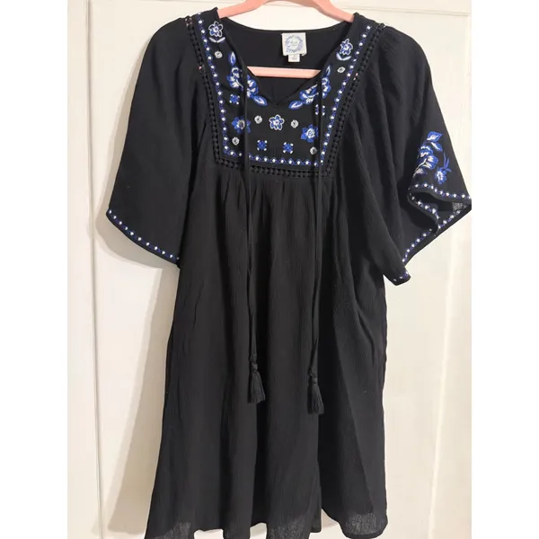 Blue Rain Black Embroidered Boho Mini Dress‎ Floral Tassel Tie Flutter Sleeve S - Image 5