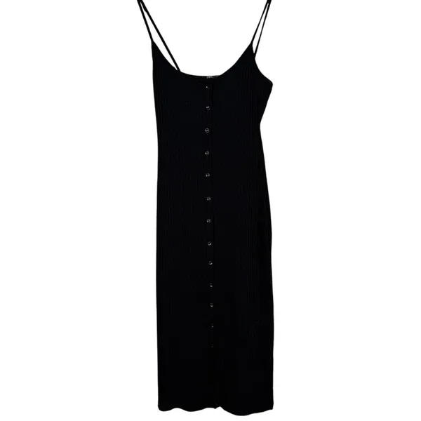ZARA Ribbed Button Bodycon Midi Dress Strappy Stretch Slim Round Neck M Black - Image 11