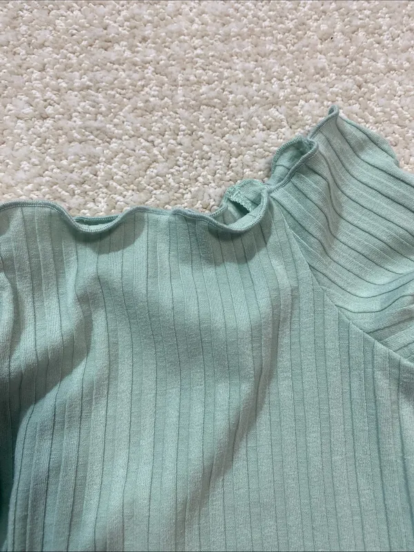 Ribbed Off-Shoulder Button Crop Top in Sage Green Size S Shell 91% Tencel - Image 12