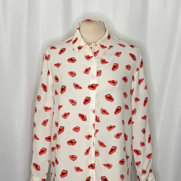 ZARA ZW Collection White Pink Lips Print Buttondown Top Blouse Lipstick X-Large - Image 3
